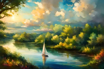 Zelfklevend Fotobehang A lone sailboat gracefully navigating a winding river, surrounded by lush greenery and the vibrant colors of a cloud-dappled summer sky. © NOH