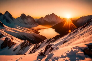Majestic mountain peaks bathed in the warm hues of a Norwegian sunset, casting long shadows across the serene landscape. - obrazy, fototapety, plakaty