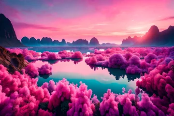 Foto op Plexiglas anti-reflex A surreal landscape of floating islands in a cotton candy sky, each island adorned with unique and vibrant flora. © NOH