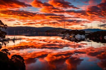 The dawn sky ablaze with color over Koolewong, clouds forming a breathtaking tapestry, and the mirror-like surface of Brisbane Water perfectly reflecting the beauty.