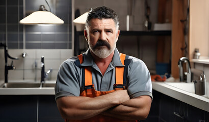 The Middle-Aged Plumber - A Portrait of Expertise and Reliability. Worker man - obrazy, fototapety, plakaty
