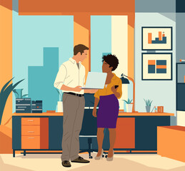 Multiracial Business couple standing in modern office. Young pretty black business woman and businessman in smart casual outfit working together. Vector illustration interior scene.