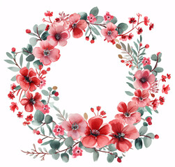 graceful wreath of red and pink flowers: timeless botanical beauty on a white canvas