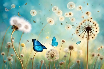 The gentle breeze carries dandelion seeds through a pastel meadow, while a Morpho butterfly gracefully glides in the air.