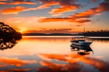 A serene sunrise over Brisbane Water, with the clouds painted in warm hues, reflecting perfectly on the tranquil water, highlighting a solitary boat.