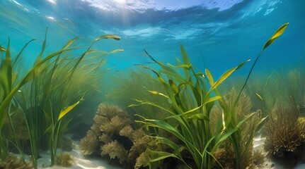 Fototapeta na wymiar Grass under the blue ocean