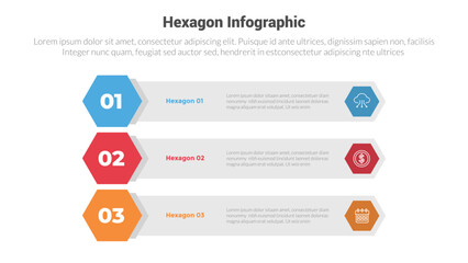 hexagon or hexagonal honeycombs shape infographics template diagram with big rectangle shape container stack with 3 point step creative design for slide presentation