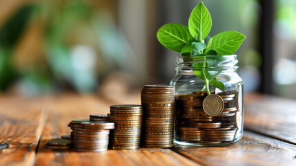 Coins stacked with a plant growing, symbolizing investment growth and financial sustainability.