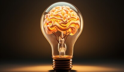 The human brain glows inside a light bulb on a black background. - obrazy, fototapety, plakaty