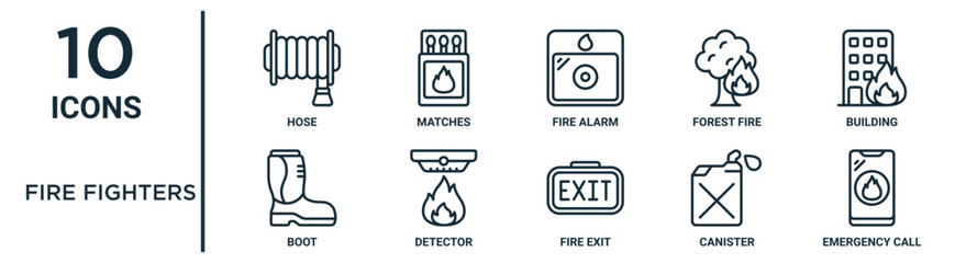 fire fighters outline icon set such as thin line hose, fire alarm, building, detector, canister, emergency call, boot icons for report, presentation, diagram, web design - obrazy, fototapety, plakaty