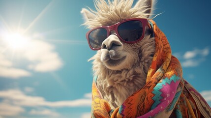 trendy modern alpaca lama animal in stylish glasses Camel in sunglass shade glasses isolated on solid - obrazy, fototapety, plakaty