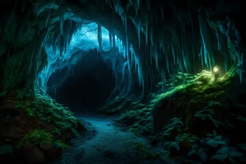 A mysterious cave entrance illuminated by the soft glow of bioluminescent fungi, hidden deep in a mystical forest.