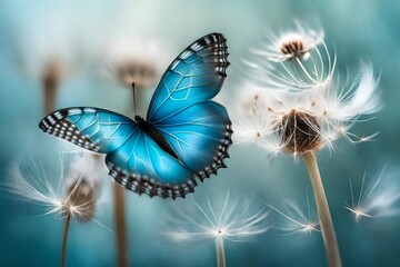 Soft hues of pastel colors creating a backdrop for a Morpho butterfly delicately landing on a dandelion seed head.