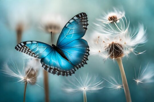 Fototapeta Soft hues of pastel colors creating a backdrop for a Morpho butterfly delicately landing on a dandelion seed head.