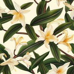 Floral Pattern Featuring Vanilla Plant: Seamless Background - Ideal for Home Decor Websites, Fabric Designers, and Mother’s Day Celebrations