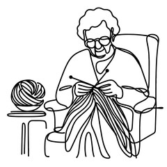 Grandma knits in a line drawing style