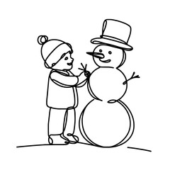 A boy sculpts a snowman in a line drawing style
