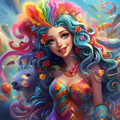 rainbow mermaid unicorn at a carnival cartoon