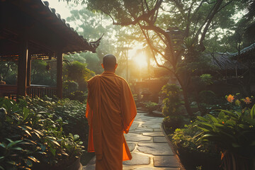 Buddhist Monk Walking on a Path Near the Sun - obrazy, fototapety, plakaty