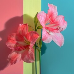 pink lilies against striped, orange, yellow and blue wall. Conceptual pop art spring design. Generative AI