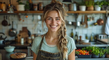 A joyful woman stands in her kitchen, smiling at the camera while surrounded by plants and food on the countertop and walls - Powered by Adobe