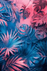 Fototapeta na wymiar bright blue monstera leaves on pink background. Exotic holidays concept. Generative AI