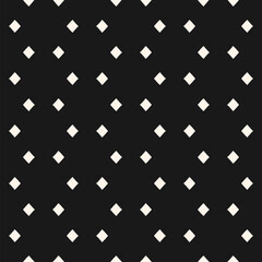 Black and white minimalist background. Vector seamless pattern with simple shapes, small rhombuses, diamonds in regular grid. Stylish minimal monochrome texture. Dark repeated decorative geo design