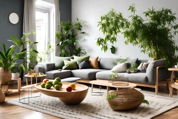 Stylish and modern scandinavian interior of open space living room with bamboo bowl with fruits on...
