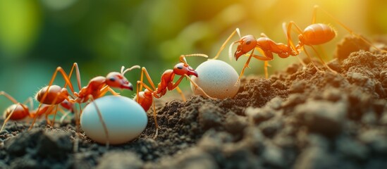 Busy ants working together to carry their precious eggs underground in a teamwork display of strength and unity - obrazy, fototapety, plakaty