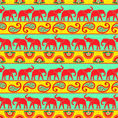 Beautiful Indian pattern with elephants in red, yellow and green bright colors. Seamless pattern, background, print, vector illustration