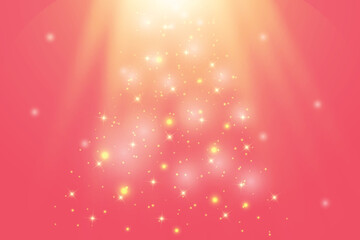 Magical gold stars Pink backdrop Shining Birthday card Copy space Holiday classic design New year mood Christmas template Holiday background Rays shine downwards Blur bokeh effect Illuminated place