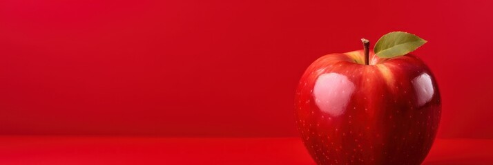 Ripe juicy apple on red background, wide horizontal panoramic banner with copy space, or web site header with empty area for text.