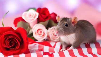 Valentine's day horizontal greeting card with cute rat.