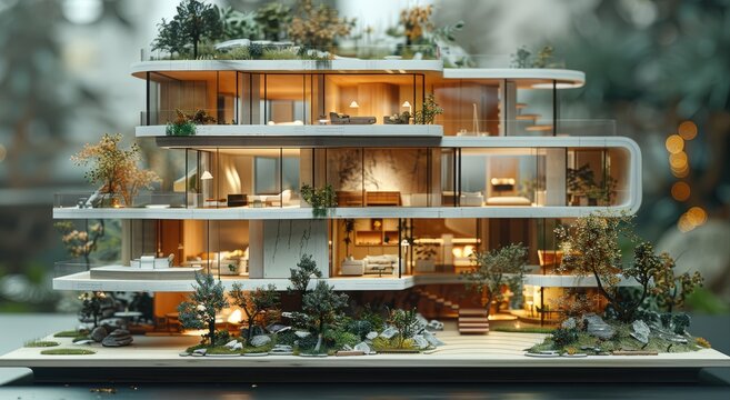 An intricately crafted miniature model of a modern house, adorned with lush green plants, perfectly captures the essence of building a dream home