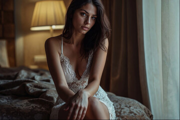 beautiful attractive woman in a bedroom, hotel room