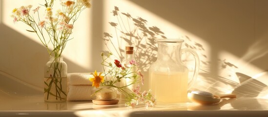 Beautiful arrangement of vibrant flowers in a vase with a refreshing bottle of water