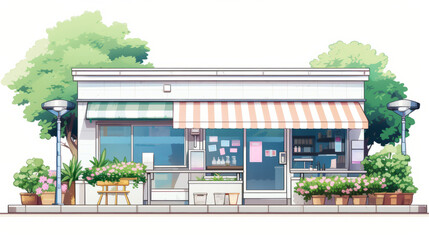 Charming small business cafÃ© front with blooming flowers and outdoor seating