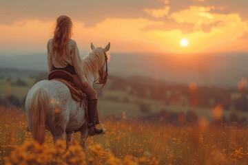 A woman and her stallion gallop through a golden field of flowers, beneath a vibrant sky painted with the hues of sunrise and sunset - obrazy, fototapety, plakaty