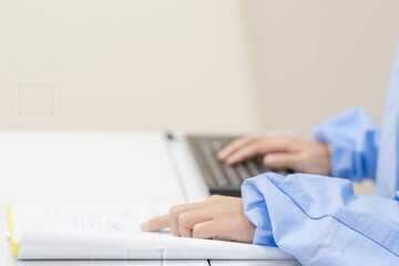 Medicine doctor hand touching screen working digital computer. business web program optical...