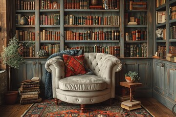 A cozy den, adorned with a stylish bookcase and comfortable couch, invites you to curl up with a good book and escape into the world of literature - obrazy, fototapety, plakaty