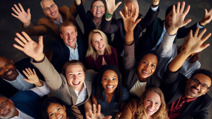 Fototapeta premium Diverse group of cheerful colleagues celebrating success with raised hands