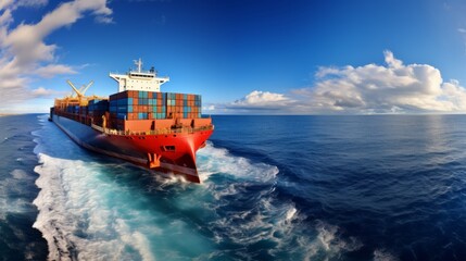 A large cargo ship laden with colorful containers traversing the vast ocean under a blue sky.