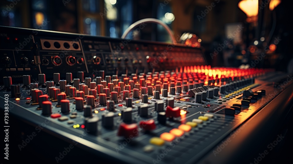 Poster close-up of an audio mixer controls in a sound recording studio with glowing lights.