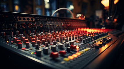 Close-up of an audio mixer controls in a sound recording studio with glowing lights.