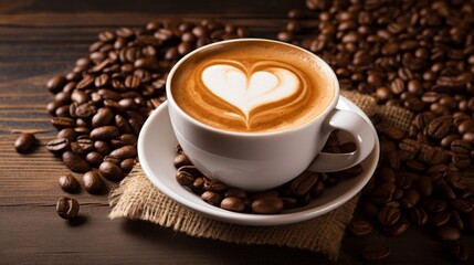 Obraz premium A warm cup of latte with a heart-shaped art on top surrounded by roasted coffee beans.