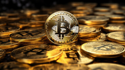 Close-up of bitcoin cryptocurrency coins on a dark background