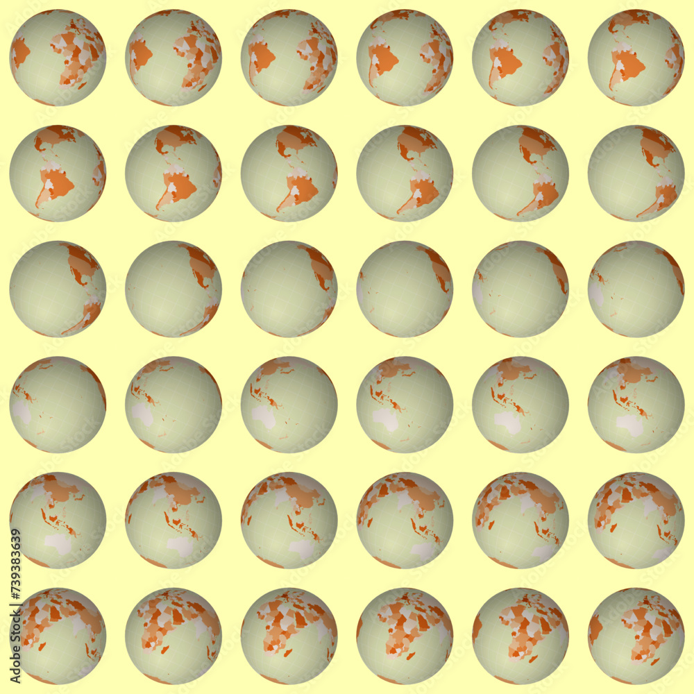 Poster collection of earth globes. tilted sphere view. rotation step 10 degrees. colored countries style. w