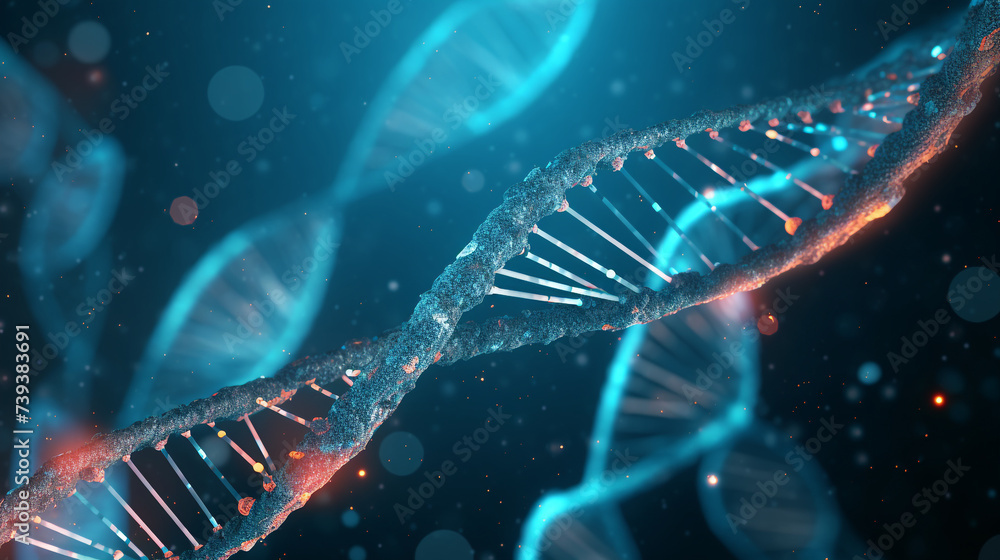 Poster artificial intelligence ai in healthcare. dna double helix intertwined with digital ai elements,