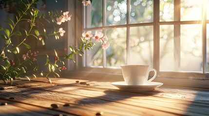 The first rays of the morning sun cast a warm, golden glow on a freshly brewed cup of coffee placed on a wooden windowsill adorned with blooming flowers.
Soothing Morning Coffee by a Sunny Window
 - obrazy, fototapety, plakaty