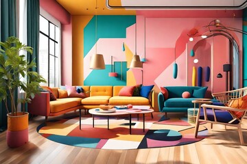 Interior design of colorful living room, interior concept of memphis design